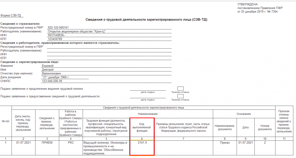 Образец заполнения сзв тд при увольнении образец